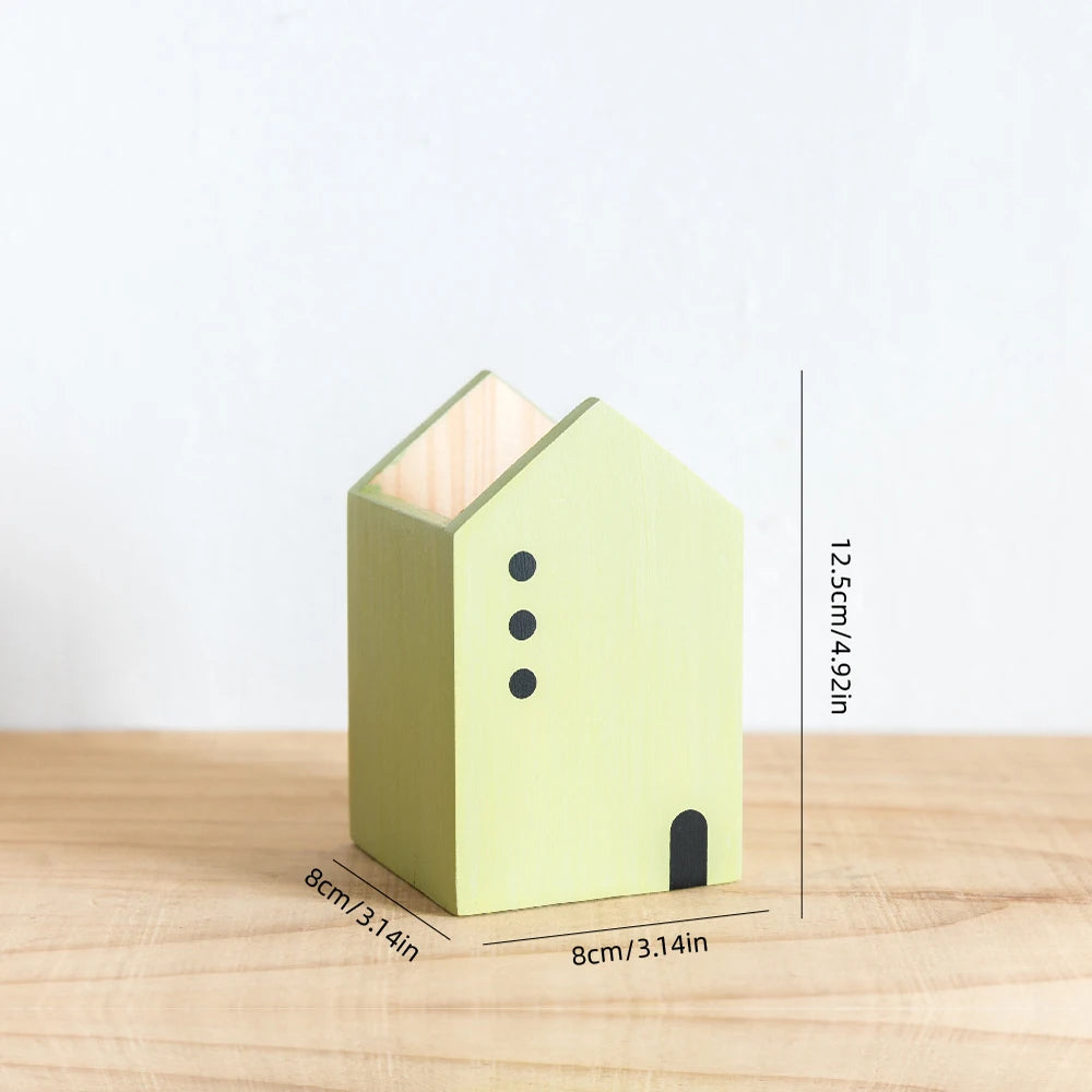 Cartoon House Wooden Pen Holder Pencil container Makeup Brush Stationery storage box Student/ Office Desktop Storage Organiser