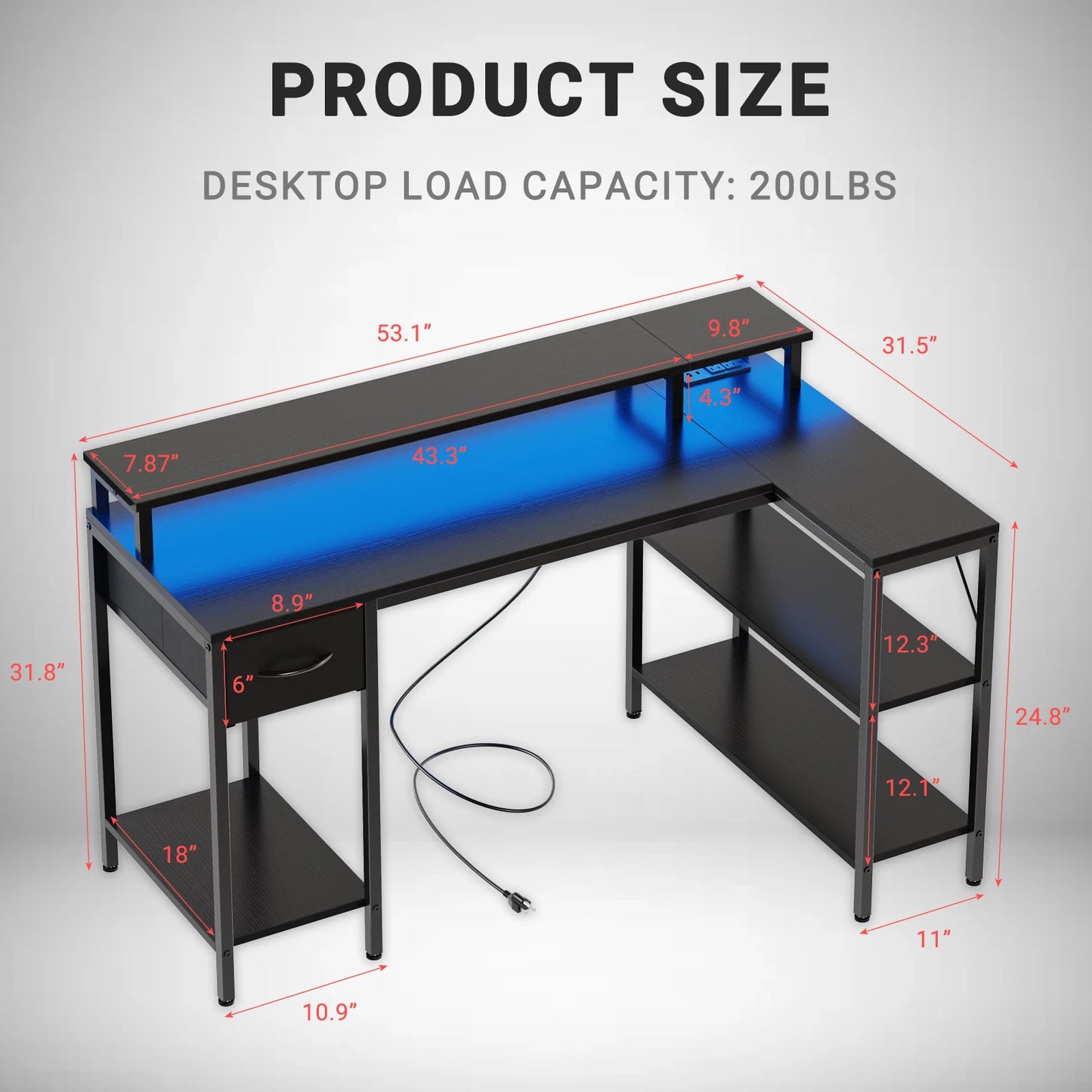 JHK L Shaped Gaming Desk with USB Charging Ports & LED Lights Reversible Desks Computer Gamer Table for Home Office Small Space