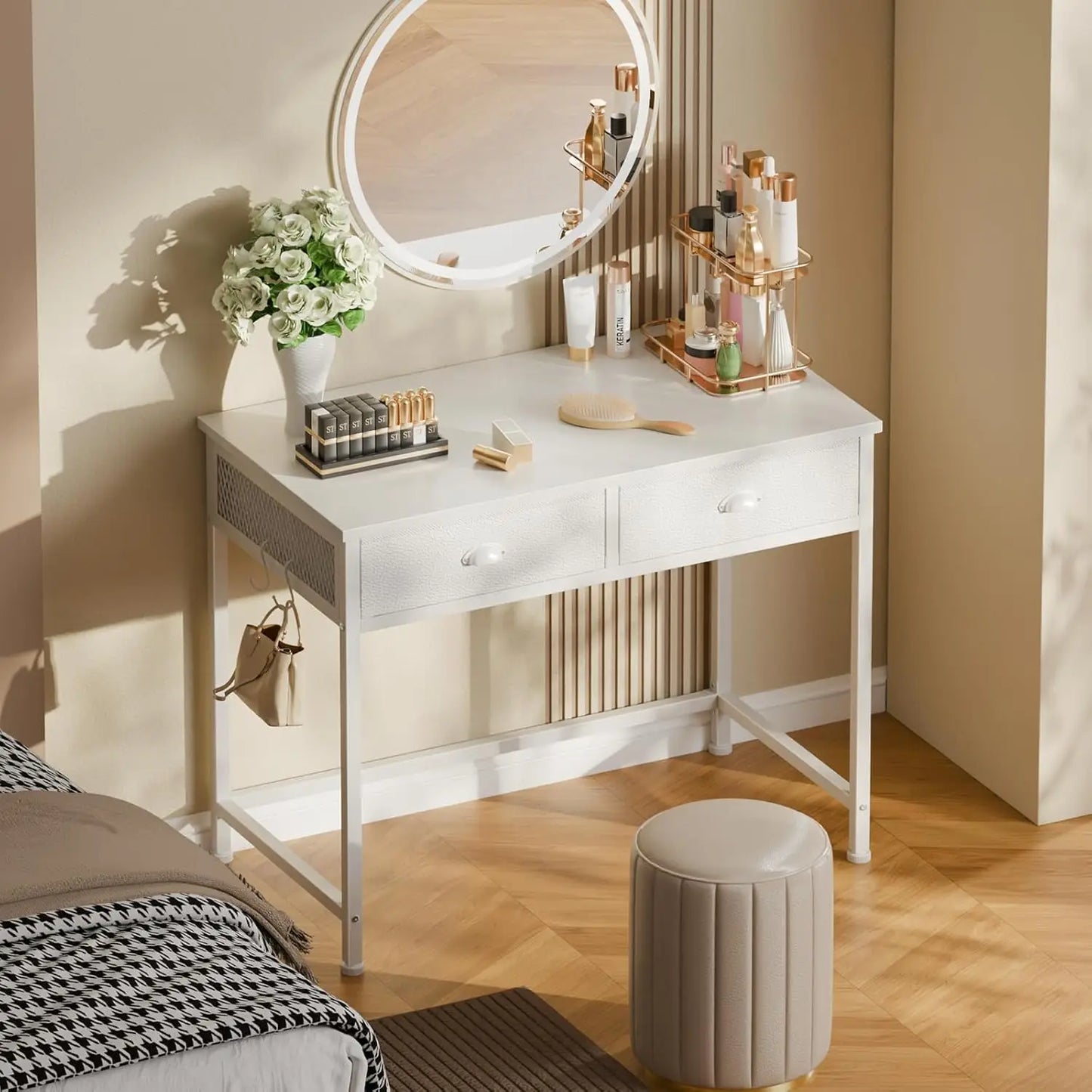 Small White Computer Desk with 2 Fabric Drawers, 34 Inch Home Office Writing Vanity Study Table for Small Spaces