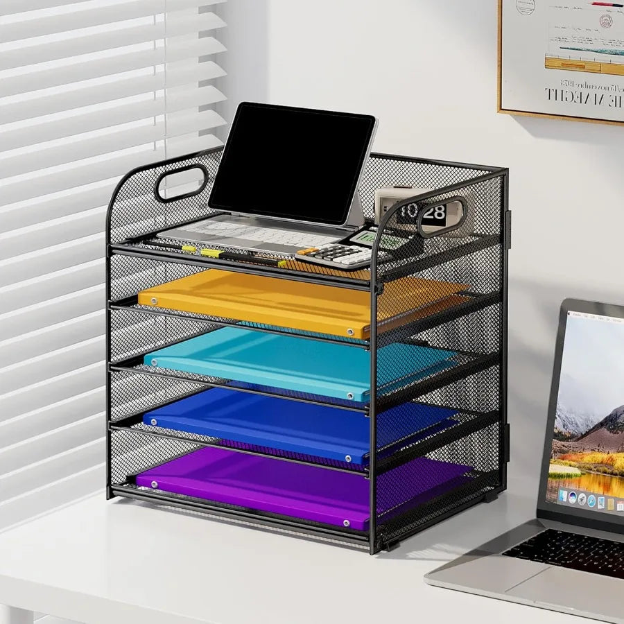 5 Tier Paper Organizer with Handle for Classroom School and Office Use Metal Mesh Desk Organizer with File Folder Storage Lette