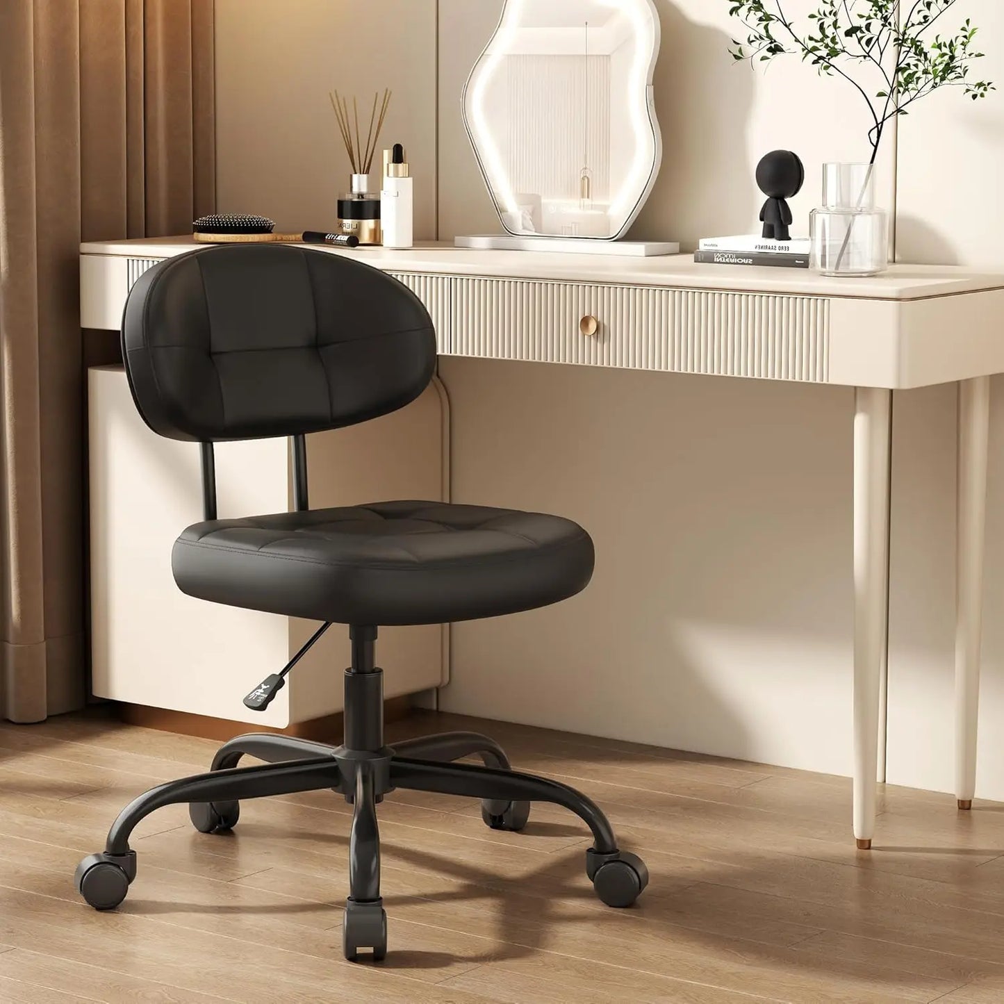 Vanity Chair with Back, Small Armless Cute office Chair with wheels and Lumbar support, Comfy PU Leather Desk Computer Chairs wi