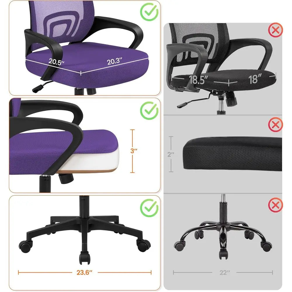 Purple Ergonomic Mesh Office Chair with Lumbar Support, Adjustable Swivel, and Wheels for Comfortable Use at Home or Work