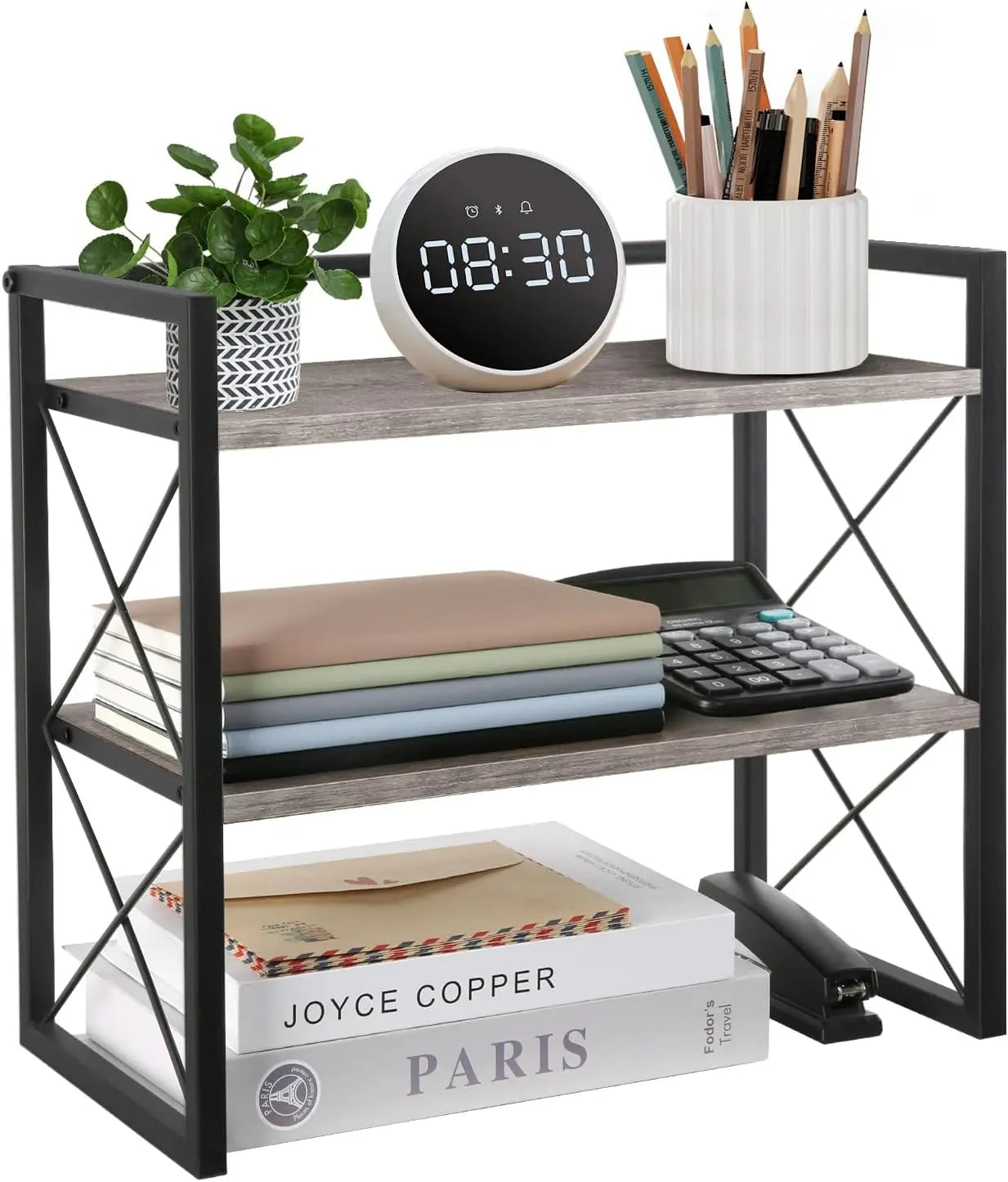 2-Tier Wood Desktop Shelf Organizer, Space-Saving Storage Rack for Office, Home, Dormitory (Grey)