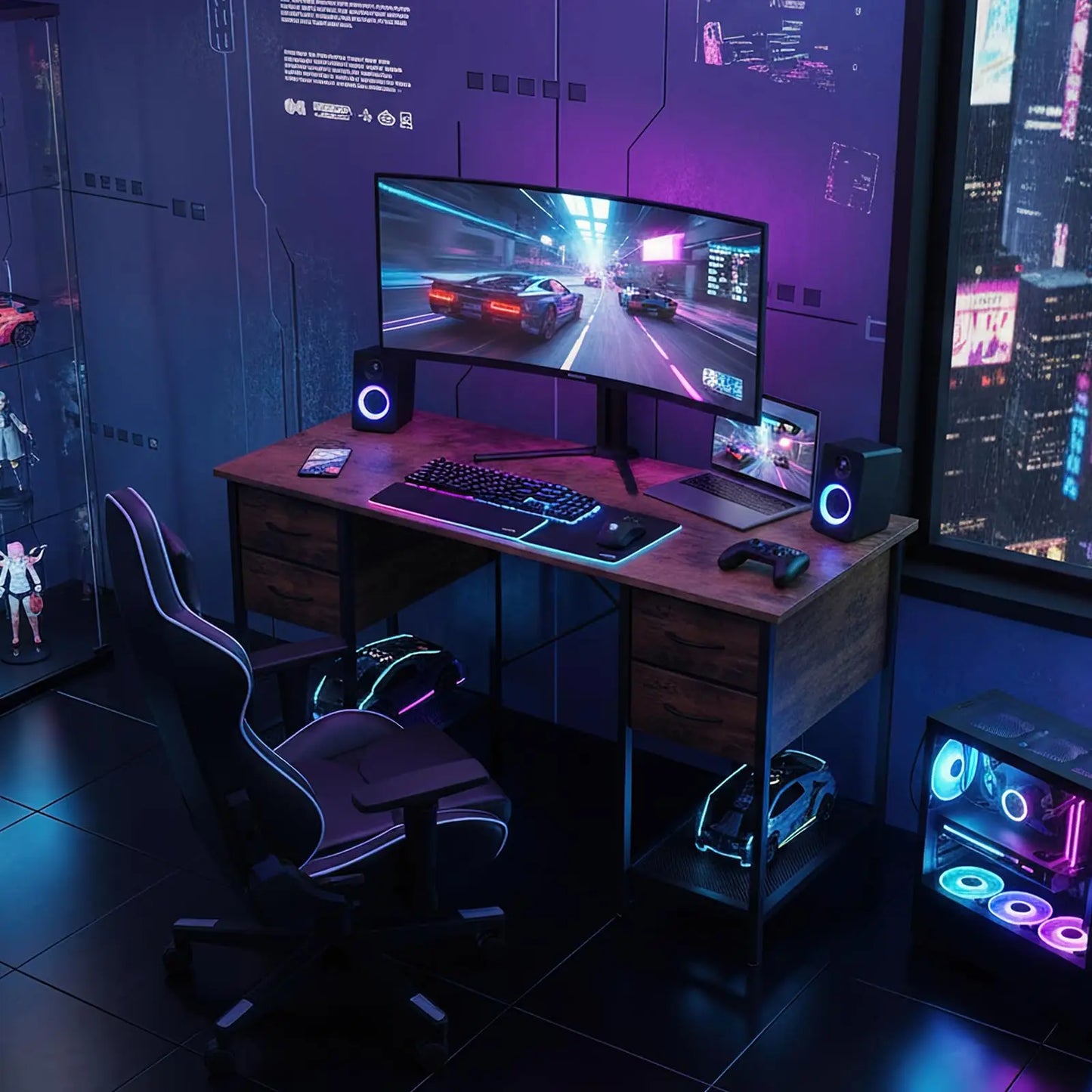 JHK Computer Desk 55 Inch with 4 Drawers Home Office Table with Mesh Shelf for Work Writing Gaming Storage Furniture for Bedroom