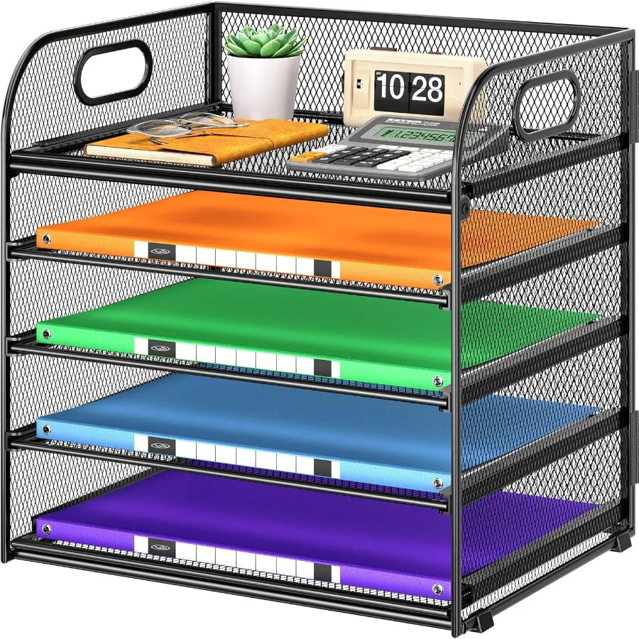 5 Tier Paper Organizer with Handle for Classroom School and Office Use Metal Mesh Desk Organizer with File Folder Storage Lette