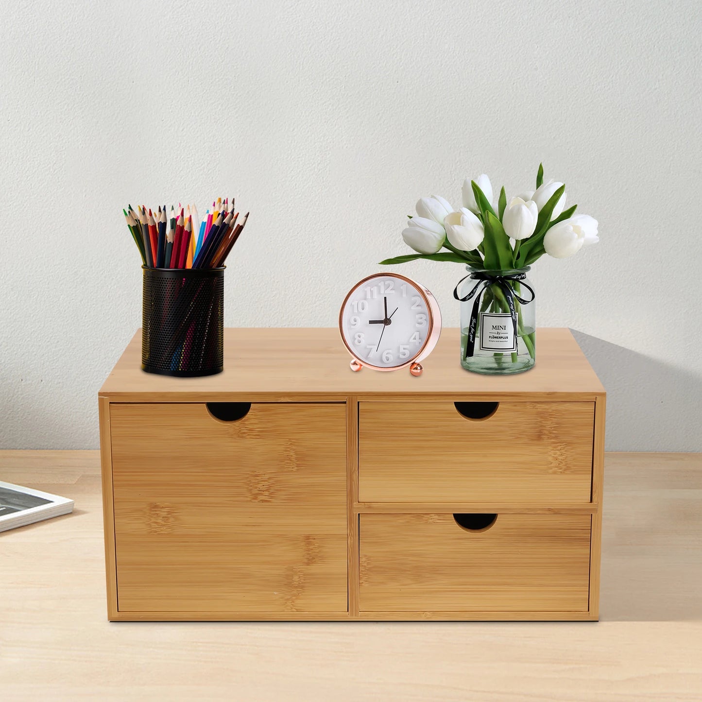 Desk Organizer Mini Bamboo Desk Organizer Drawer Desktop Storage Organizer for Office Home Toiletries, No Assembly Required
