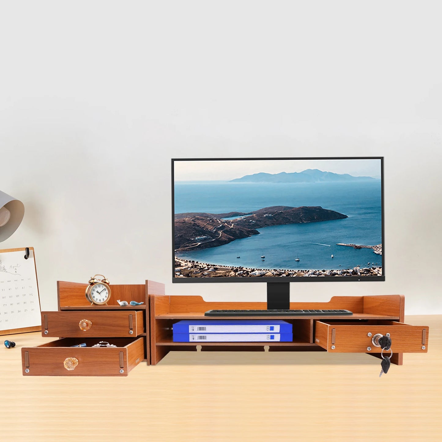 10kg Capacity Wood Monitor Stand, Ergonomic Desktop Organizer for Home Office, Space-Saving Computer Riser