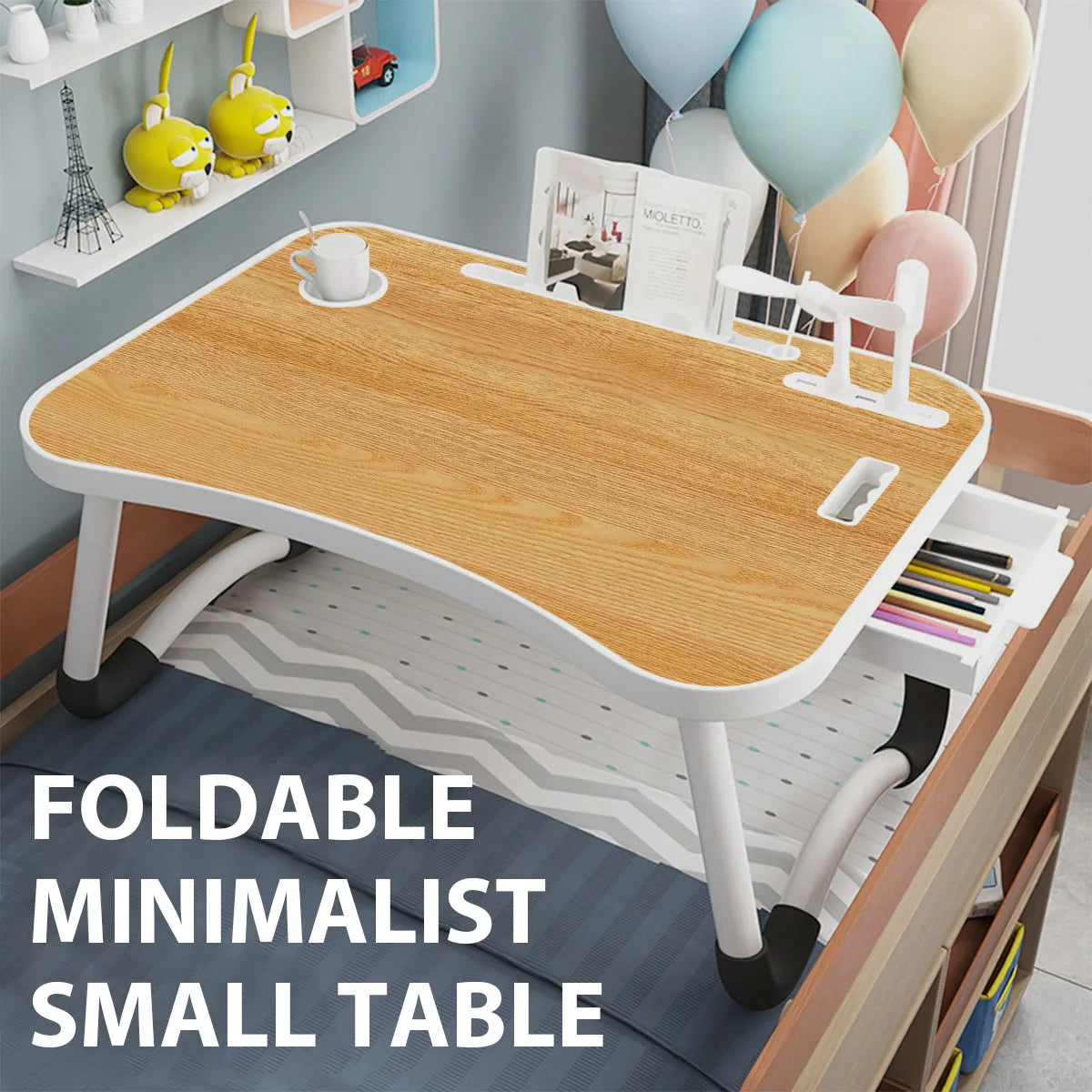 All-in-One Portable Laptop Desk with Cooling Fan & USB Light - Foldable Bed Tray Table with Cup Holder, Tablet Slot & Handle