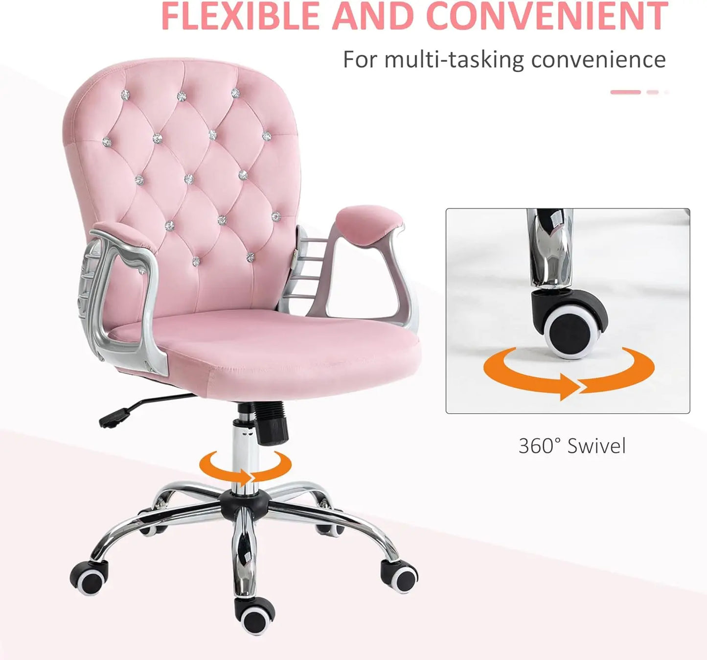 Velvet Home Office Chair, Button Tufted Desk Chair with Padded Armrests, Adjustable Height and Swivel Wheels, Pink