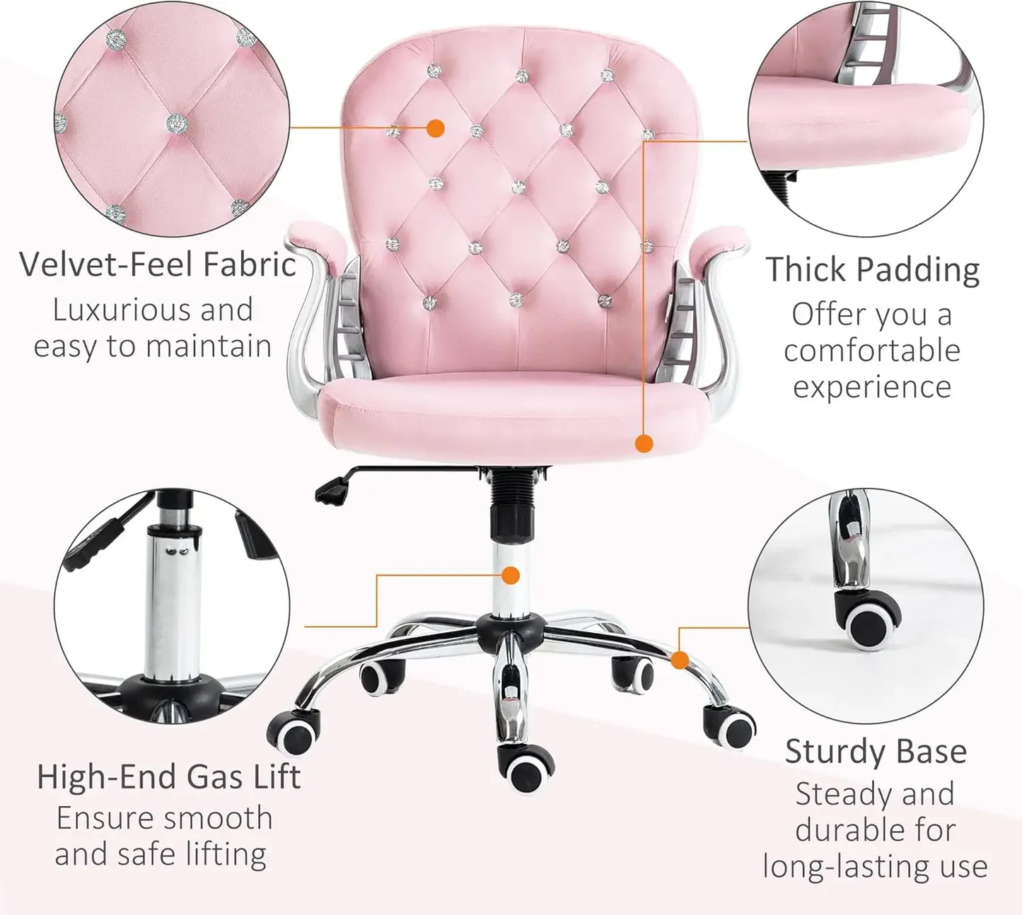 Velvet Home Office Chair, Button Tufted Desk Chair with Padded Armrests, Adjustable Height and Swivel Wheels, Pink