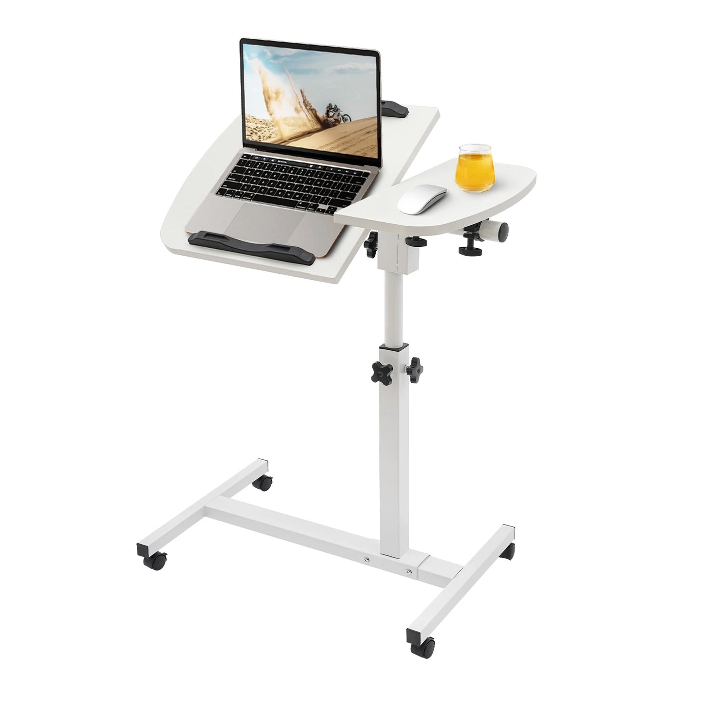 Adjustable White Laptop Table Stand with Lockable Wheels Portable Height Tilt for Home Office Bedroom Space Saving