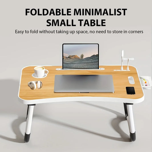 All-in-One Portable Laptop Desk with Cooling Fan & USB Light - Foldable Bed Tray Table with Cup Holder, Tablet Slot & Handle