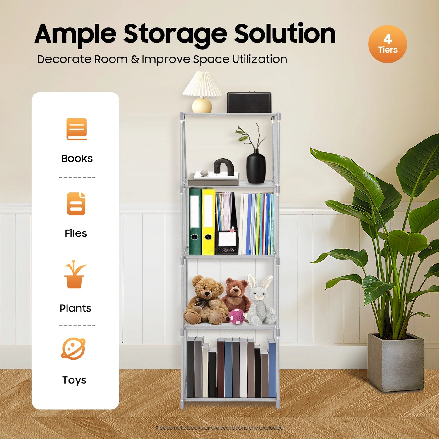 4 Tiers Bedroom Bookcase Floor Standing Bookshelf Multilayer Home Storage Rack for Living Room Office
