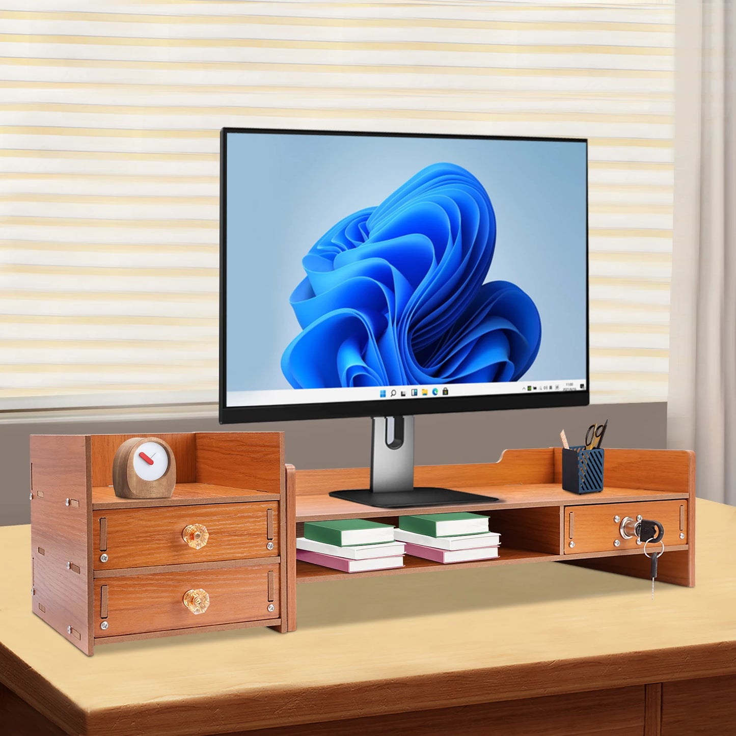 10kg Capacity Wood Monitor Stand, Ergonomic Desktop Organizer for Home Office, Space-Saving Computer Riser