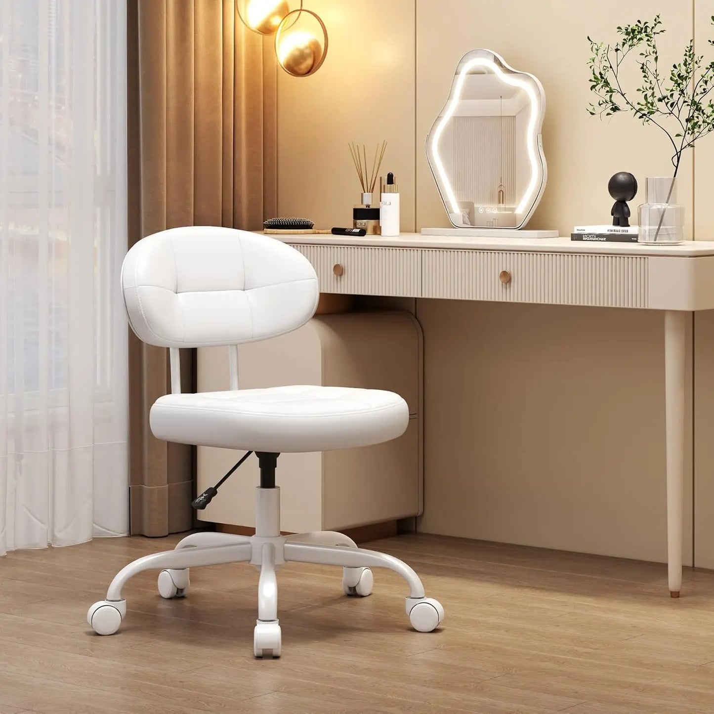 Vanity Chair with Back, Small Armless Cute office Chair with wheels and Lumbar support, Comfy PU Leather Desk Computer Chairs wi