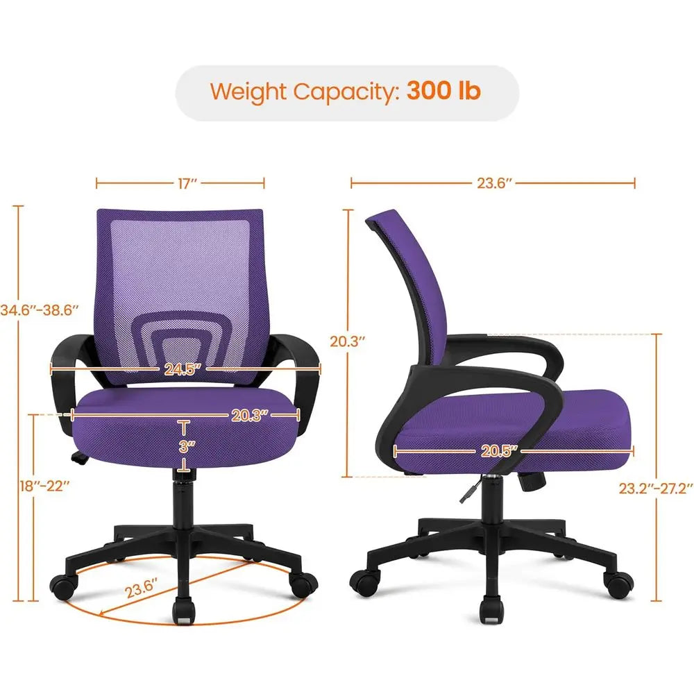 Purple Ergonomic Mesh Office Chair with Lumbar Support, Adjustable Swivel, and Wheels for Comfortable Use at Home or Work