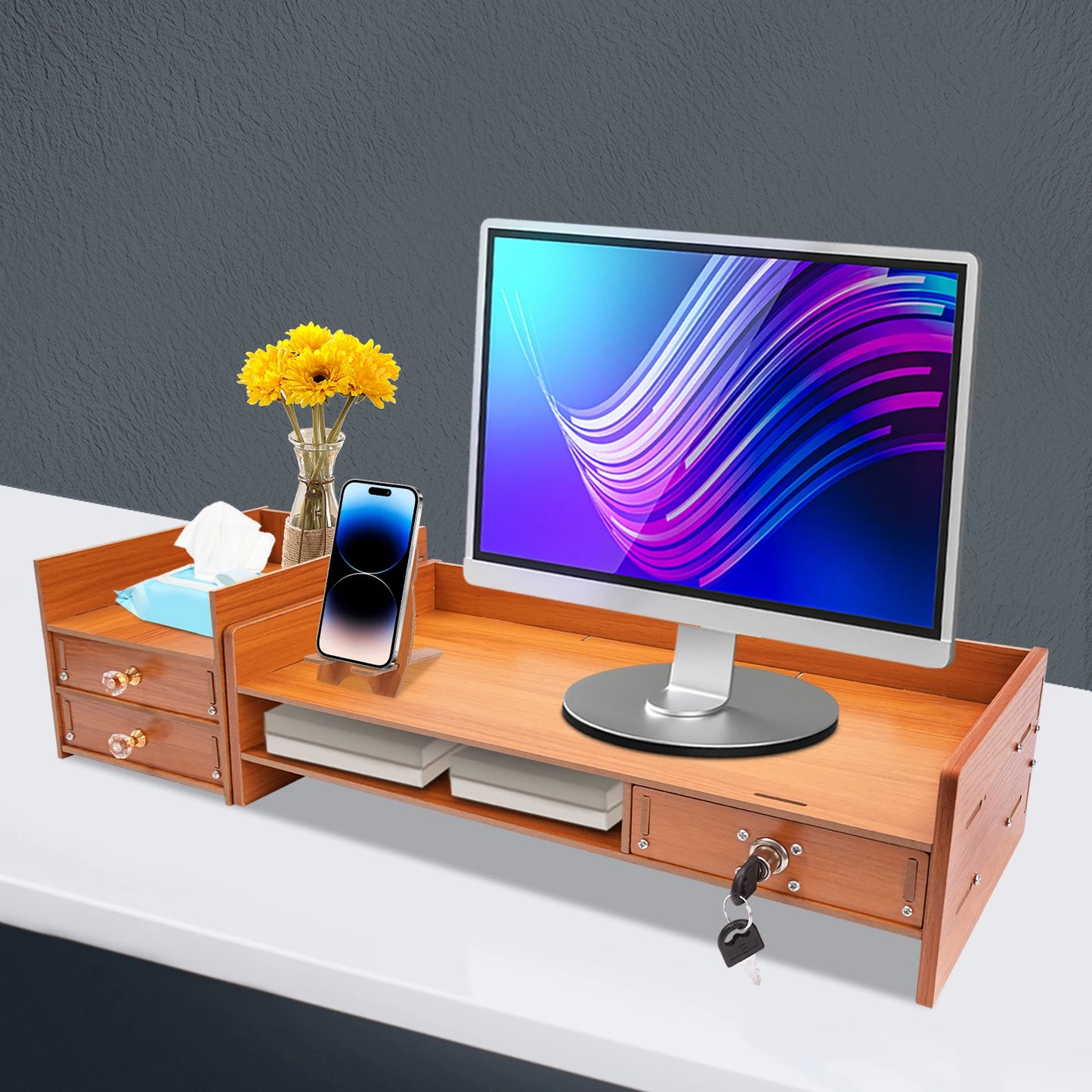 10kg Capacity Wood Monitor Stand, Ergonomic Desktop Organizer for Home Office, Space-Saving Computer Riser