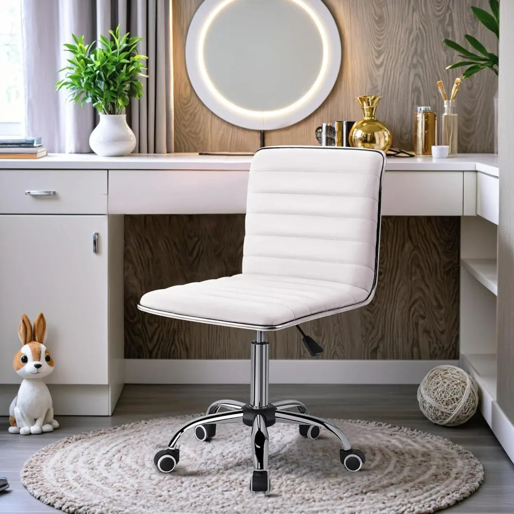 Furmax Mid Back Vanity Chair Makeup Room Low Back PU Leather Swivel Computer Desk Task Office Chair Retro Armless Ribbed (White)
