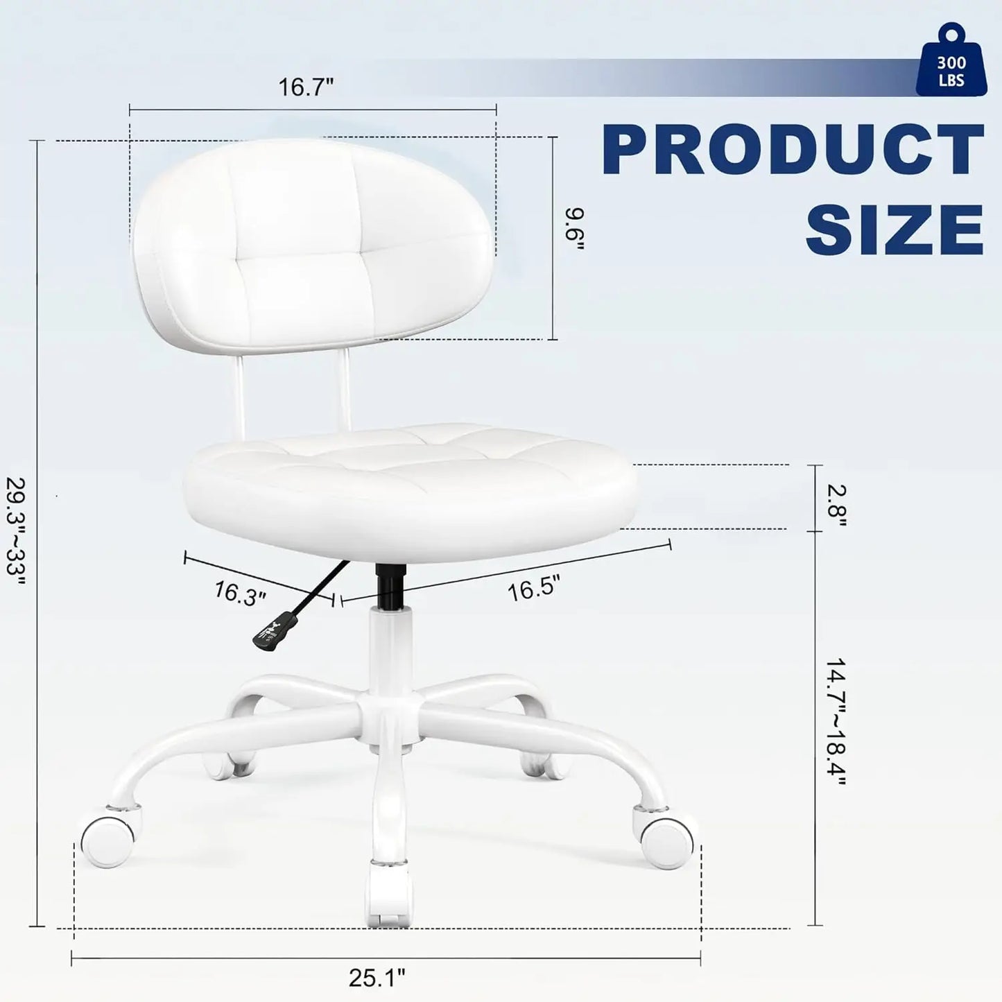 Vanity Chair with Back, Small Armless Cute office Chair with wheels and Lumbar support, Comfy PU Leather Desk Computer Chairs wi