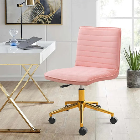 Furniliving Armless Vanity Chair with Wheels, Computer Rolling Desk Chair with Back, Pink Office Chair with Height Adjustable So