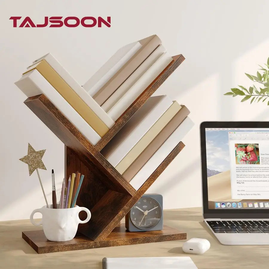 Tajsoon Tree Bookshelf 3 Tier Book Shelves Storage Organizer, Desktop Bookshelf Floor Standing Bookcase Display for Magazine Bo