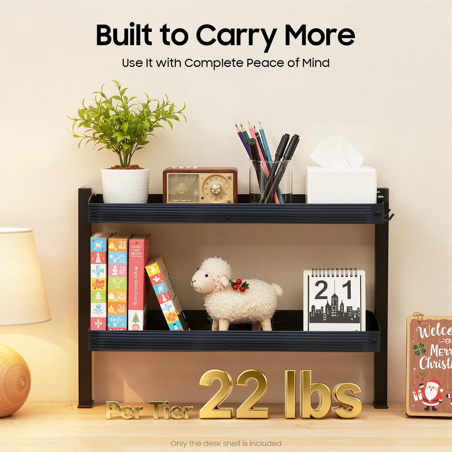 2-Tier Clamp-On Desk Shelf 10kg Per Tier Organizer for Laptop Office Supplies Black/White Fits 1.7in Desk Home Office Storage