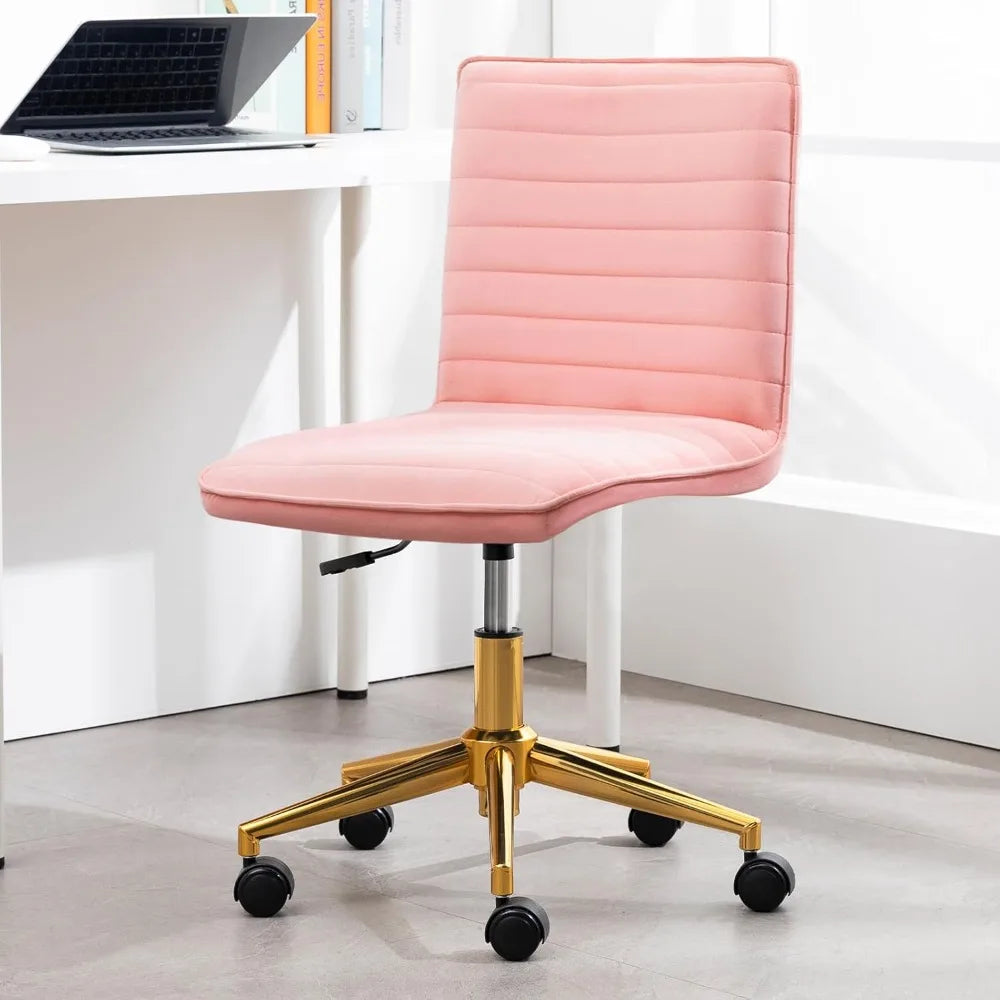Furniliving Armless Vanity Chair with Wheels, Computer Rolling Desk Chair with Back, Pink Office Chair with Height Adjustable So