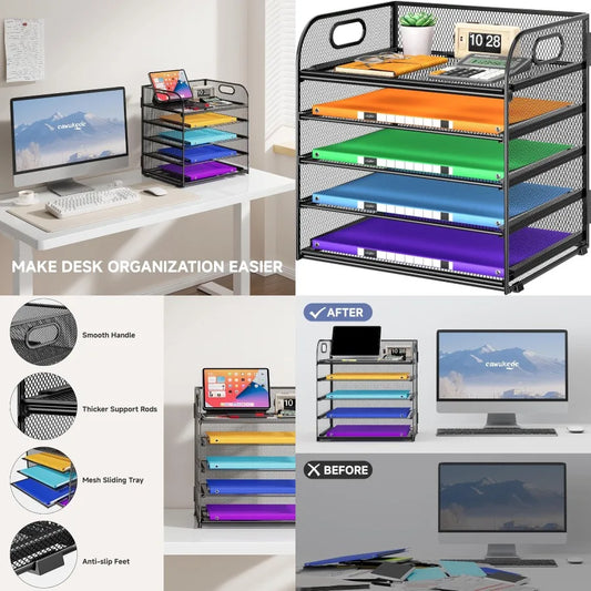 5 Tier Paper Organizer with Handle for Classroom School and Office Use Metal Mesh Desk Organizer with File Folder Storage Lette
