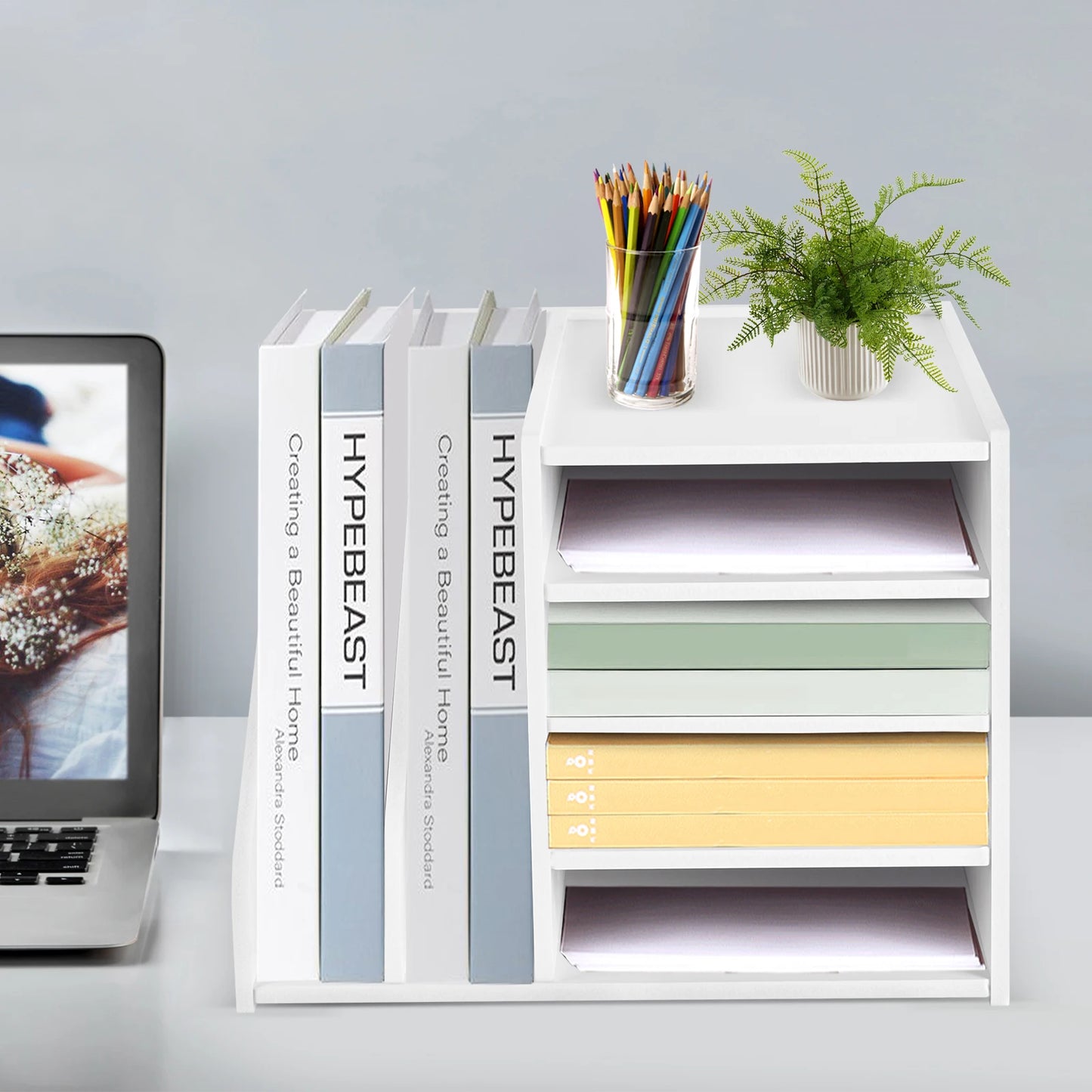 File Holder Organizer, 4+2 Tier PVC Desktop File Organizer, White Modern Paper Document Sorter for Office Home School