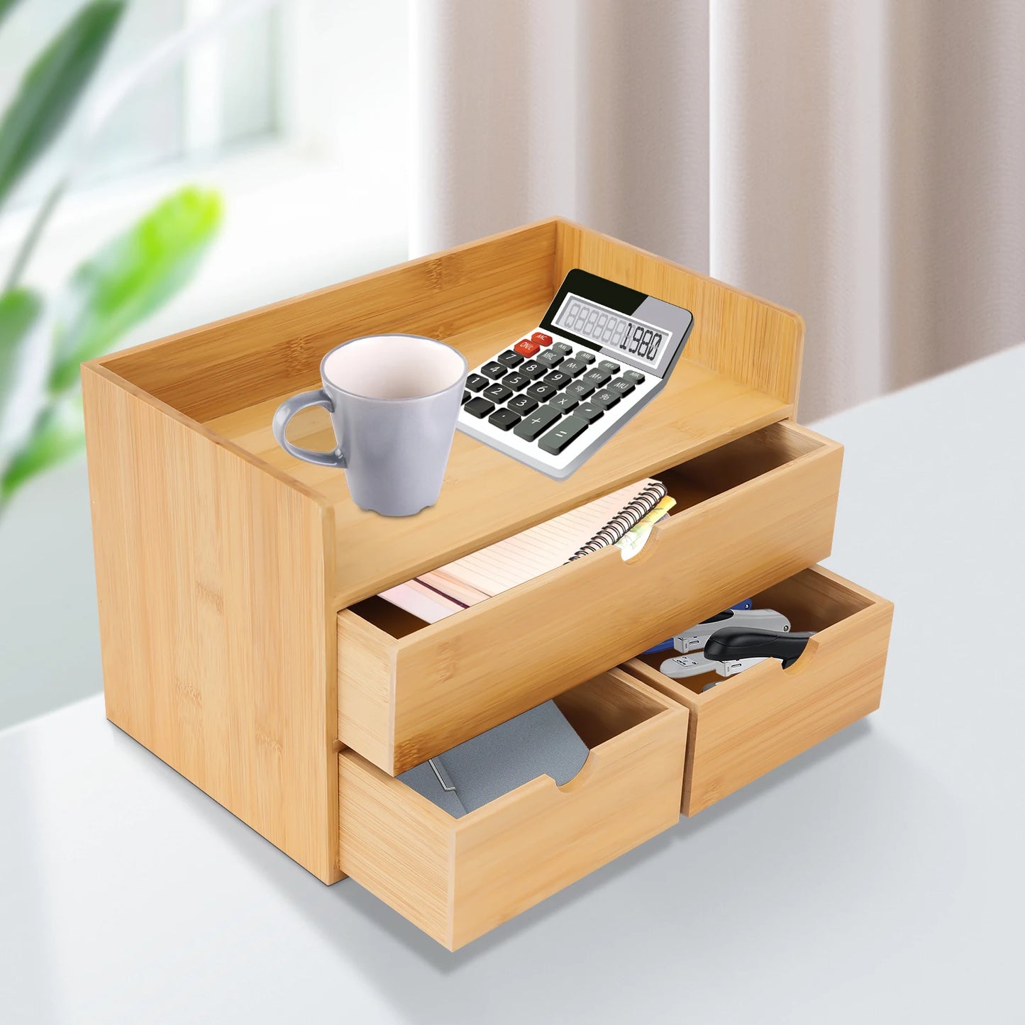 Desk Organizer Mini Bamboo Desk Organizer Drawer Desktop Storage Organizer for Office Home Toiletries, No Assembly Required