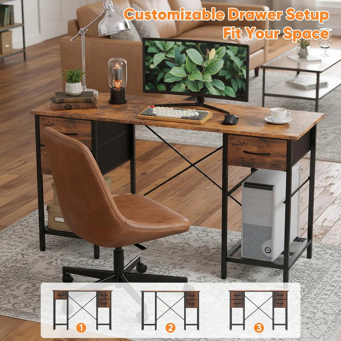 JHK Computer Desk 55 Inch with 4 Drawers Home Office Table with Mesh Shelf for Work Writing Gaming Storage Furniture for Bedroom