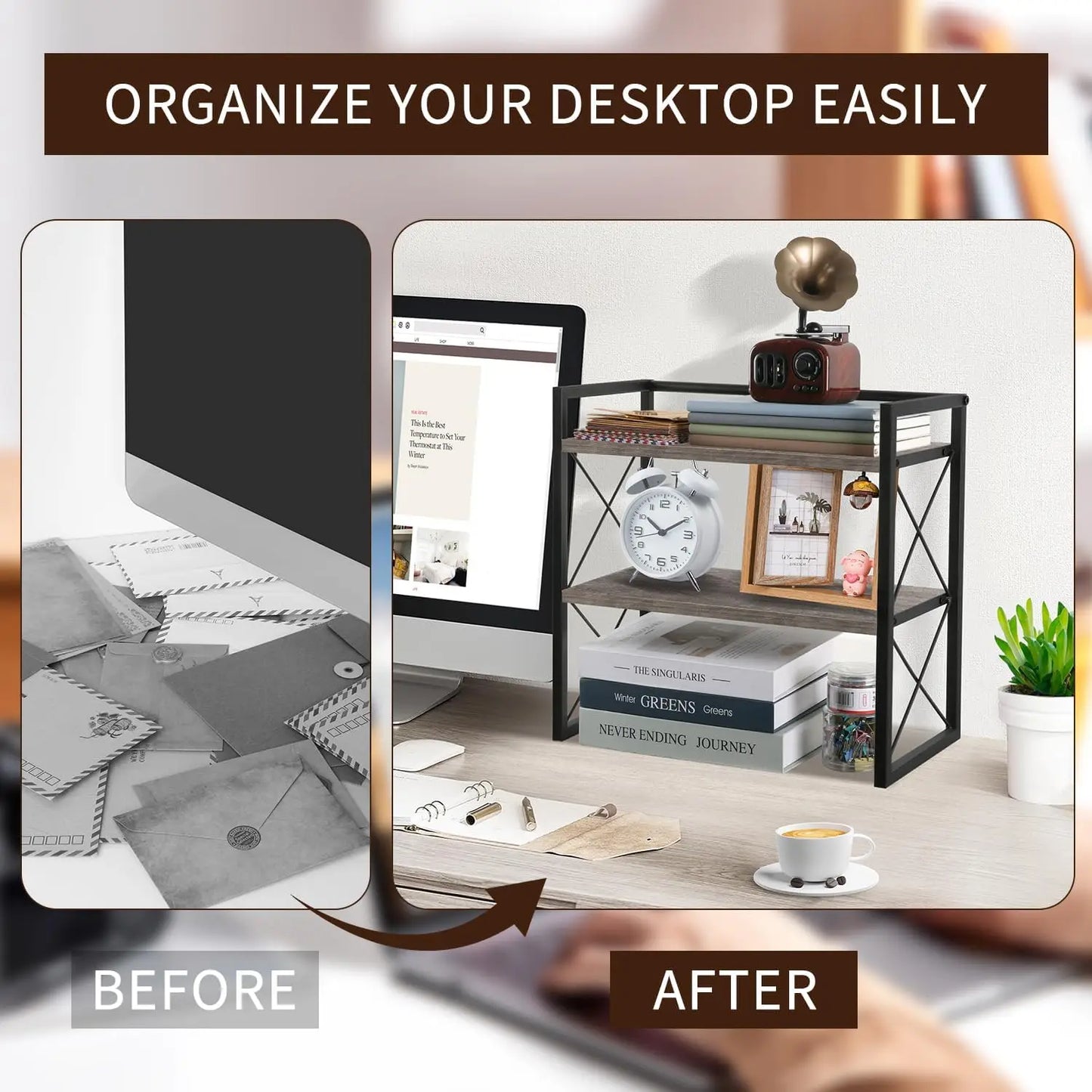 2-Tier Wood Desktop Shelf Organizer, Space-Saving Storage Rack for Office, Home, Dormitory (Grey)