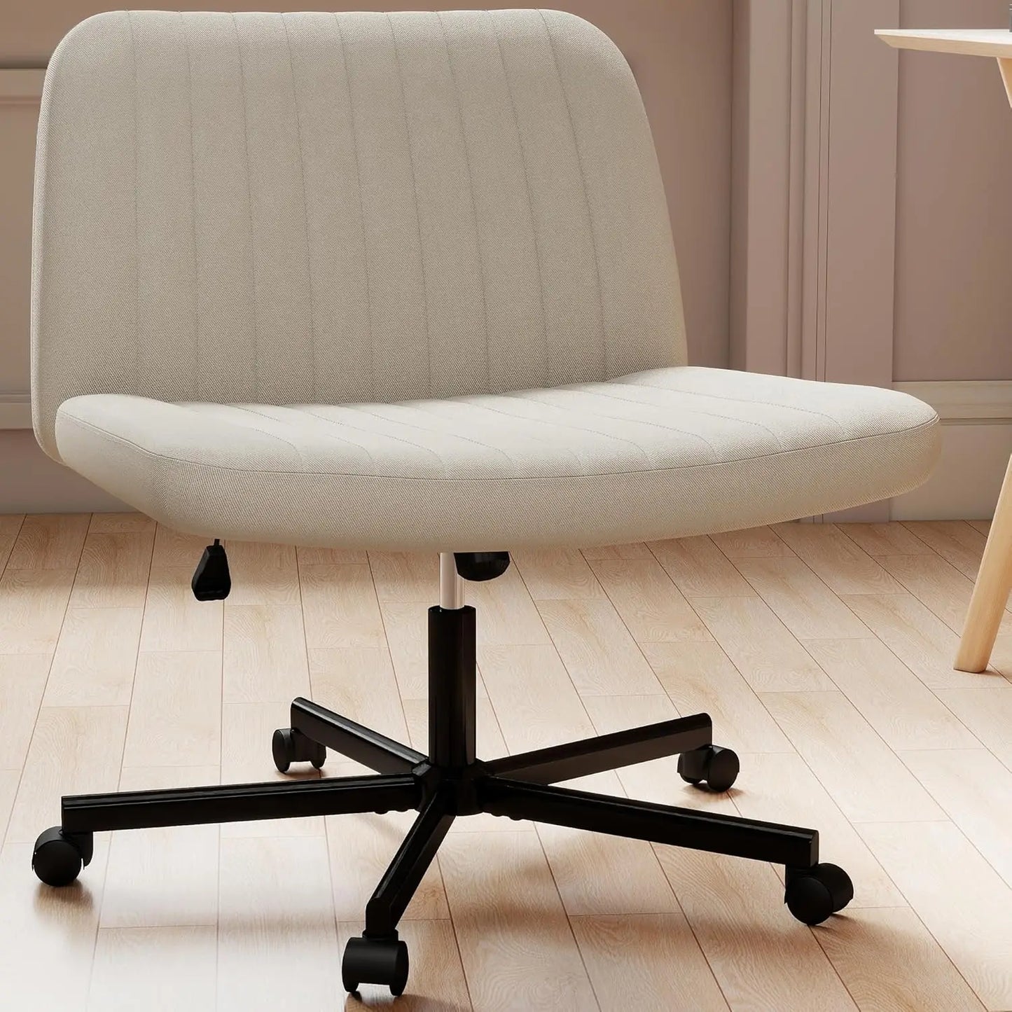 Criss Cross Chair, Extra Wide Armless Rolling Office Desk Chair with Wheels, Plus Size Viral Vanity Legged Chair, Bedroom Beige