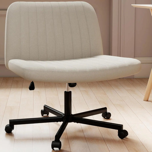 Criss Cross Chair, Extra Wide Armless Rolling Office Desk Chair with Wheels, Plus Size Viral Vanity Legged Chair, Bedroom Beige