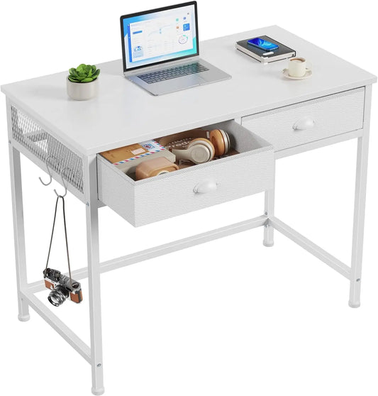 Small White Computer Desk with 2 Fabric Drawers, 34 Inch Home Office Writing Vanity Study Table for Small Spaces