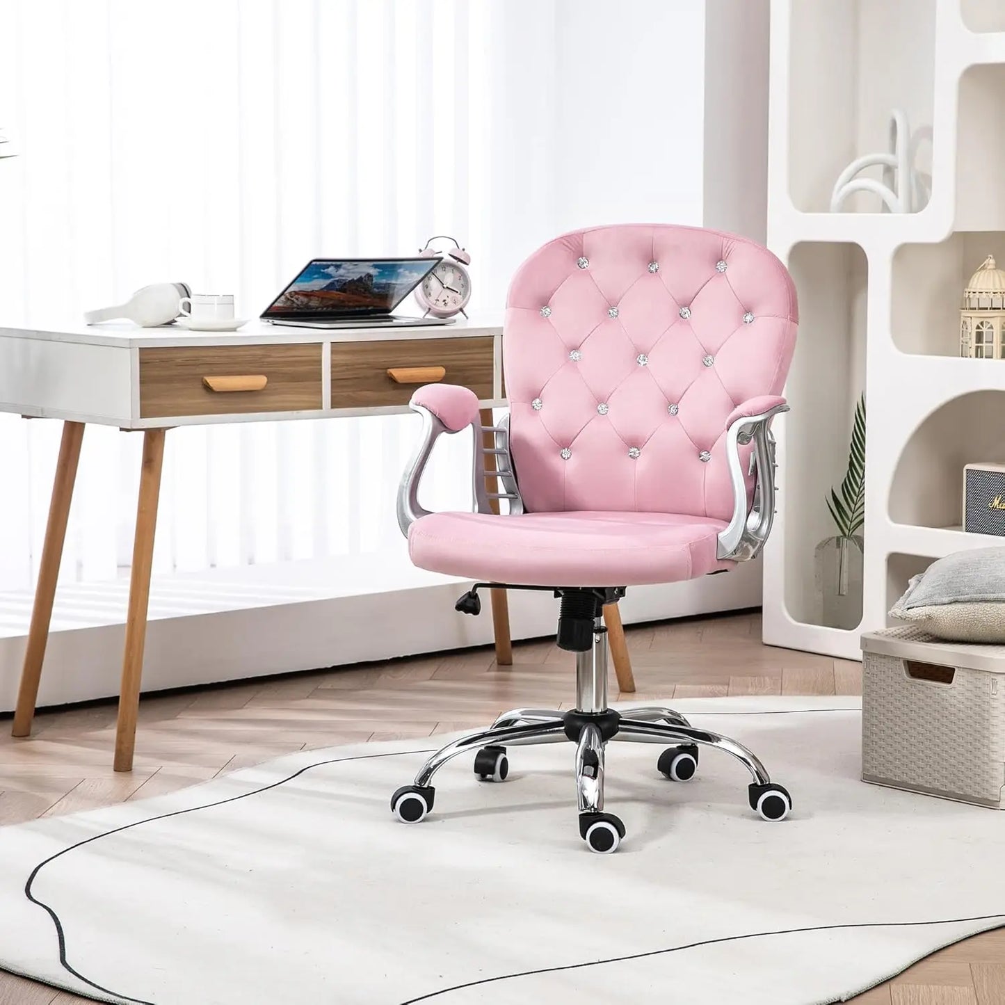 Velvet Home Office Chair, Button Tufted Desk Chair with Padded Armrests, Adjustable Height and Swivel Wheels, Pink