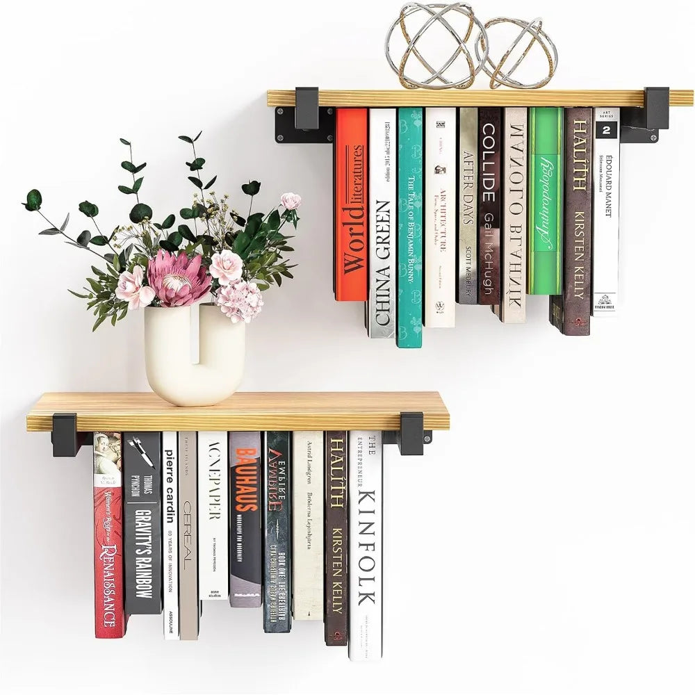 2 Set Floating Bookshelf, Pine Wood Invisible Wall Shelves, Space Saving Bookcase (16.5L×8.7W×1.5H)