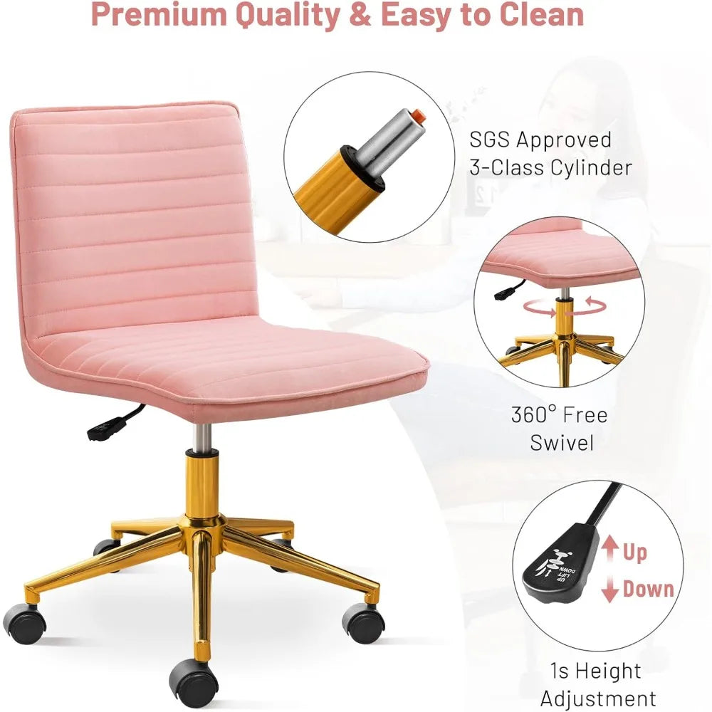 Furniliving Armless Vanity Chair with Wheels, Computer Rolling Desk Chair with Back, Pink Office Chair with Height Adjustable So