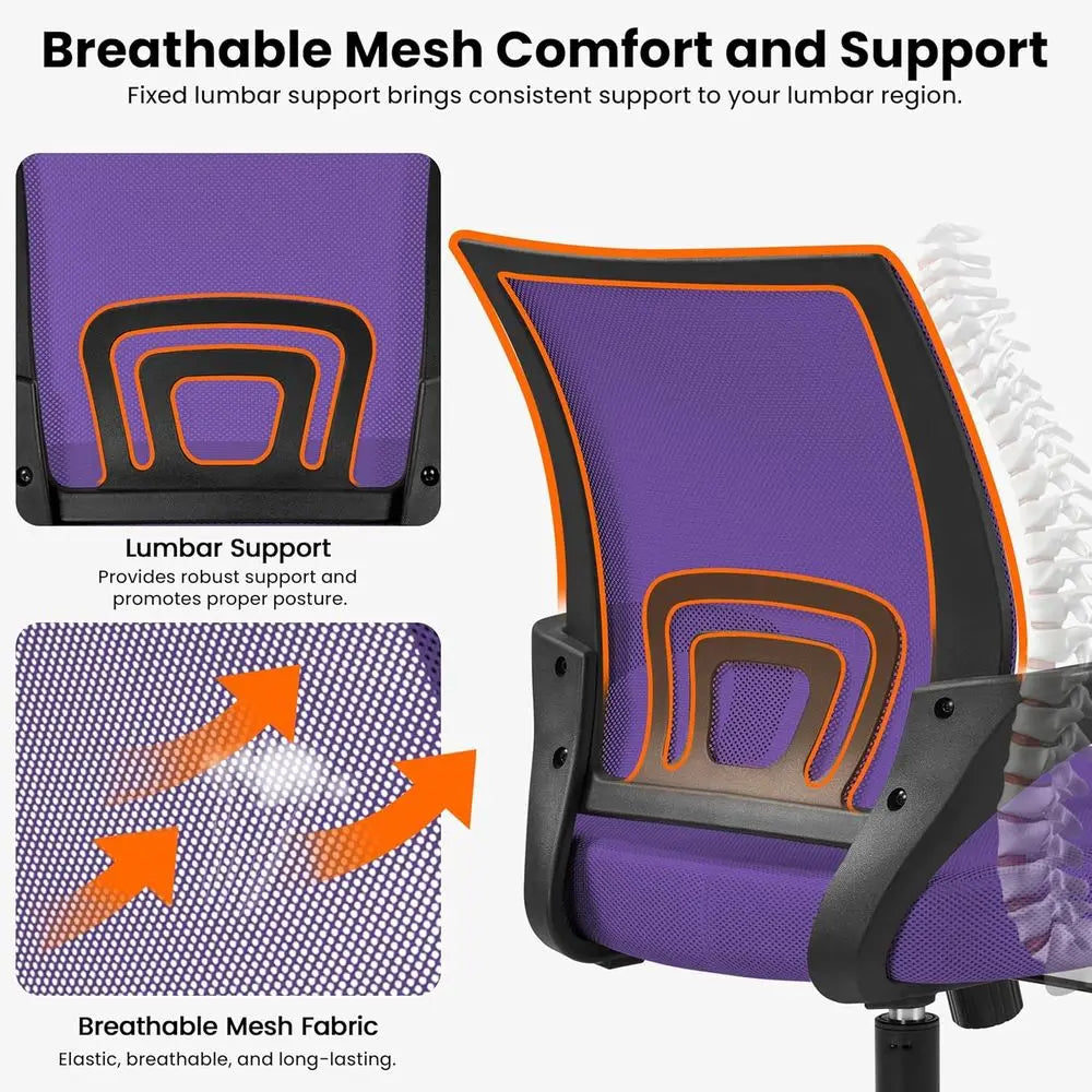 Purple Ergonomic Mesh Office Chair with Lumbar Support, Adjustable Swivel, and Wheels for Comfortable Use at Home or Work
