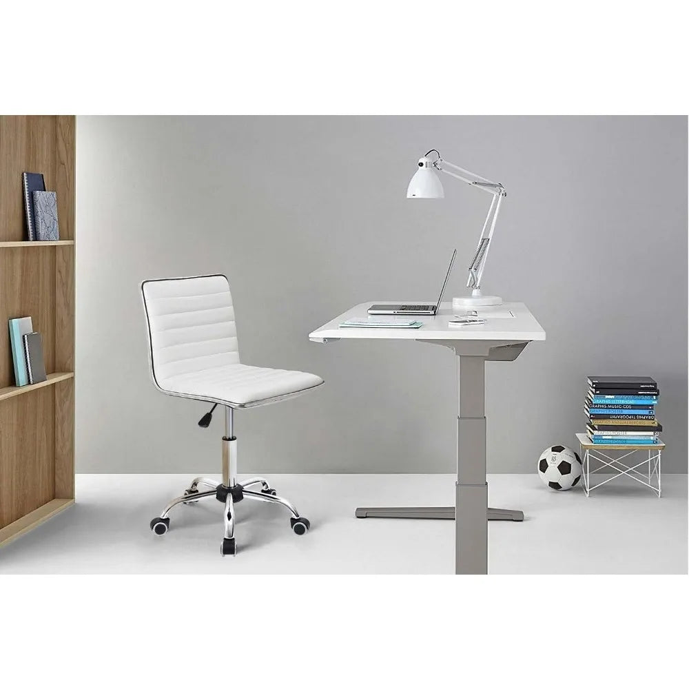 Furmax Mid Back Vanity Chair Makeup Room Low Back PU Leather Swivel Computer Desk Task Office Chair Retro Armless Ribbed (White)
