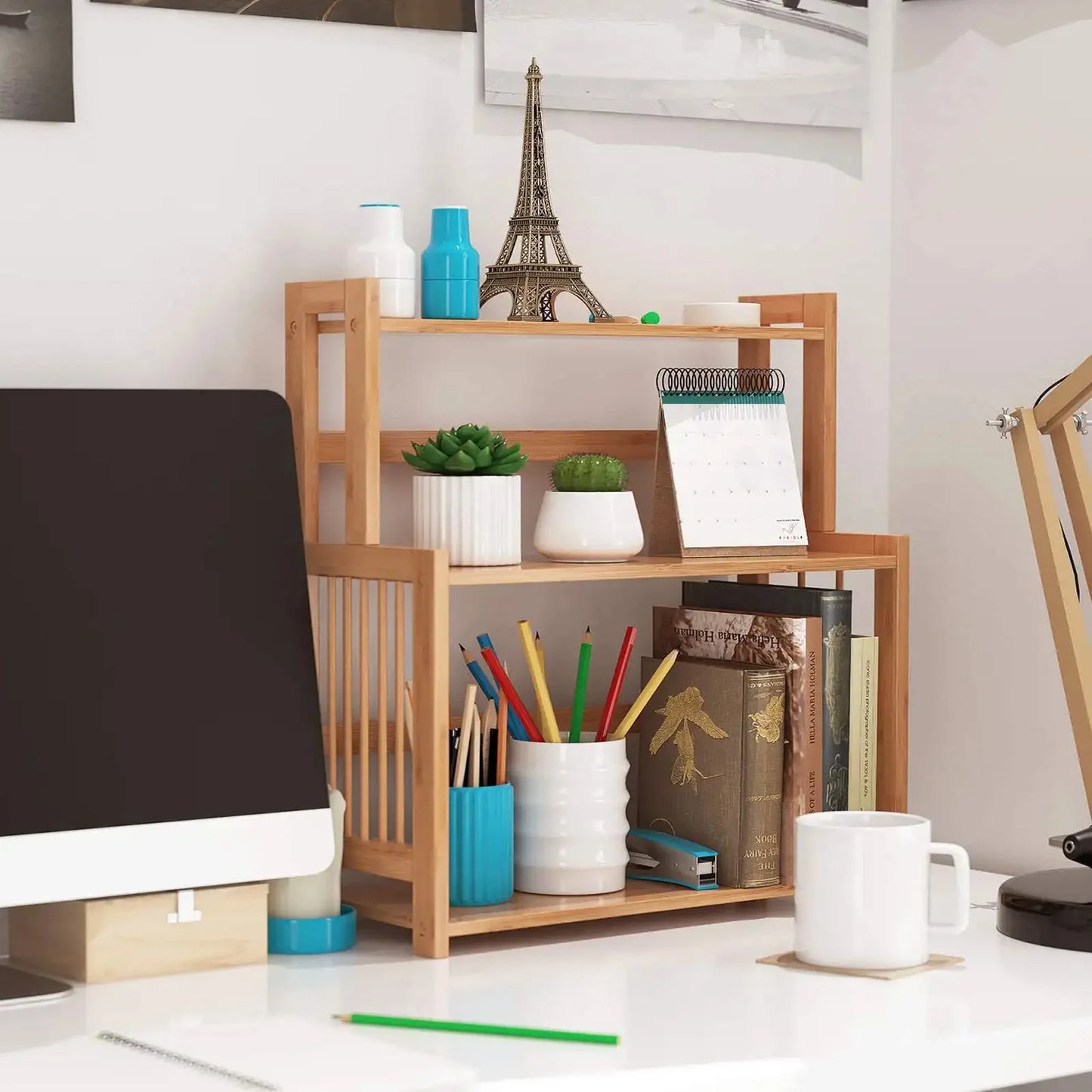 3-Layer Display Shelf Wooden Desktop Storage Rack Simple Tabletop Stand Storage Organizer For Home Decorative Office Bedroom