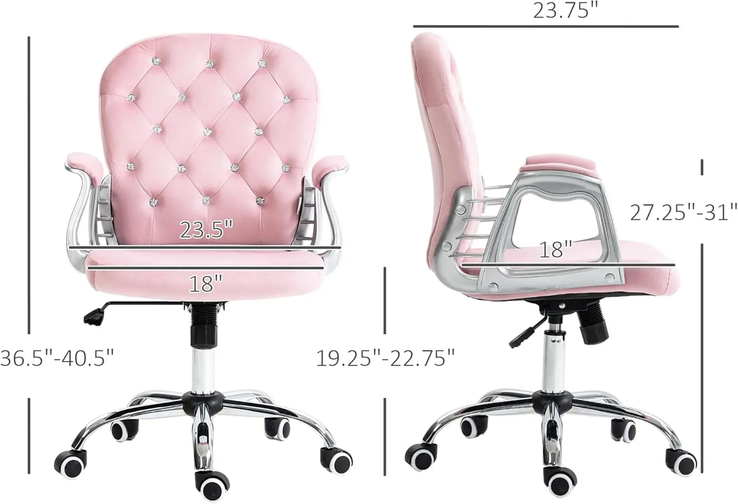 Velvet Home Office Chair, Button Tufted Desk Chair with Padded Armrests, Adjustable Height and Swivel Wheels, Pink