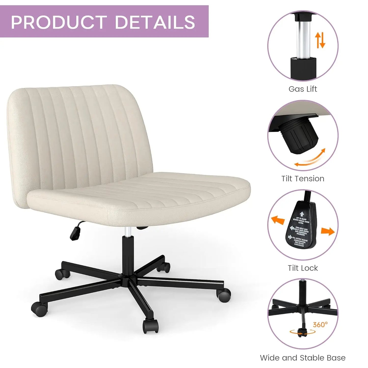 Criss Cross Chair, Extra Wide Armless Rolling Office Desk Chair with Wheels, Plus Size Viral Vanity Legged Chair, Bedroom Beige
