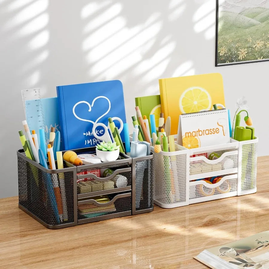 Mesh Desk Organizer Pen Organizer with 2 Drawer MultiFunctional Pencil Holder Desk Organizers and Accessories with 5 Compartmen