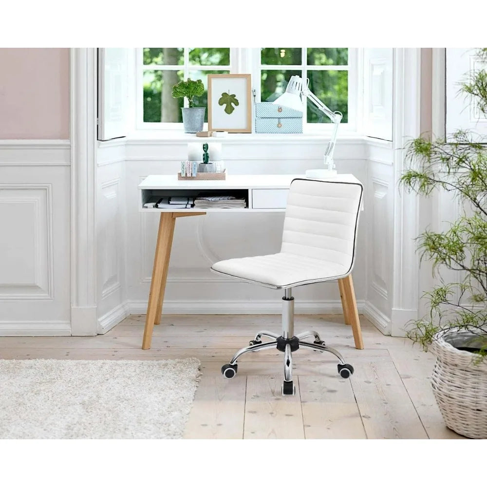 Furmax Mid Back Vanity Chair Makeup Room Low Back PU Leather Swivel Computer Desk Task Office Chair Retro Armless Ribbed (White)
