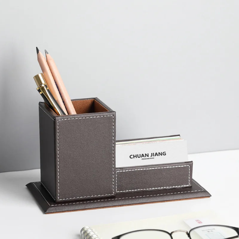 Business Leather stationery storage box multi-functional desktop storage box compartmentalized pen holder