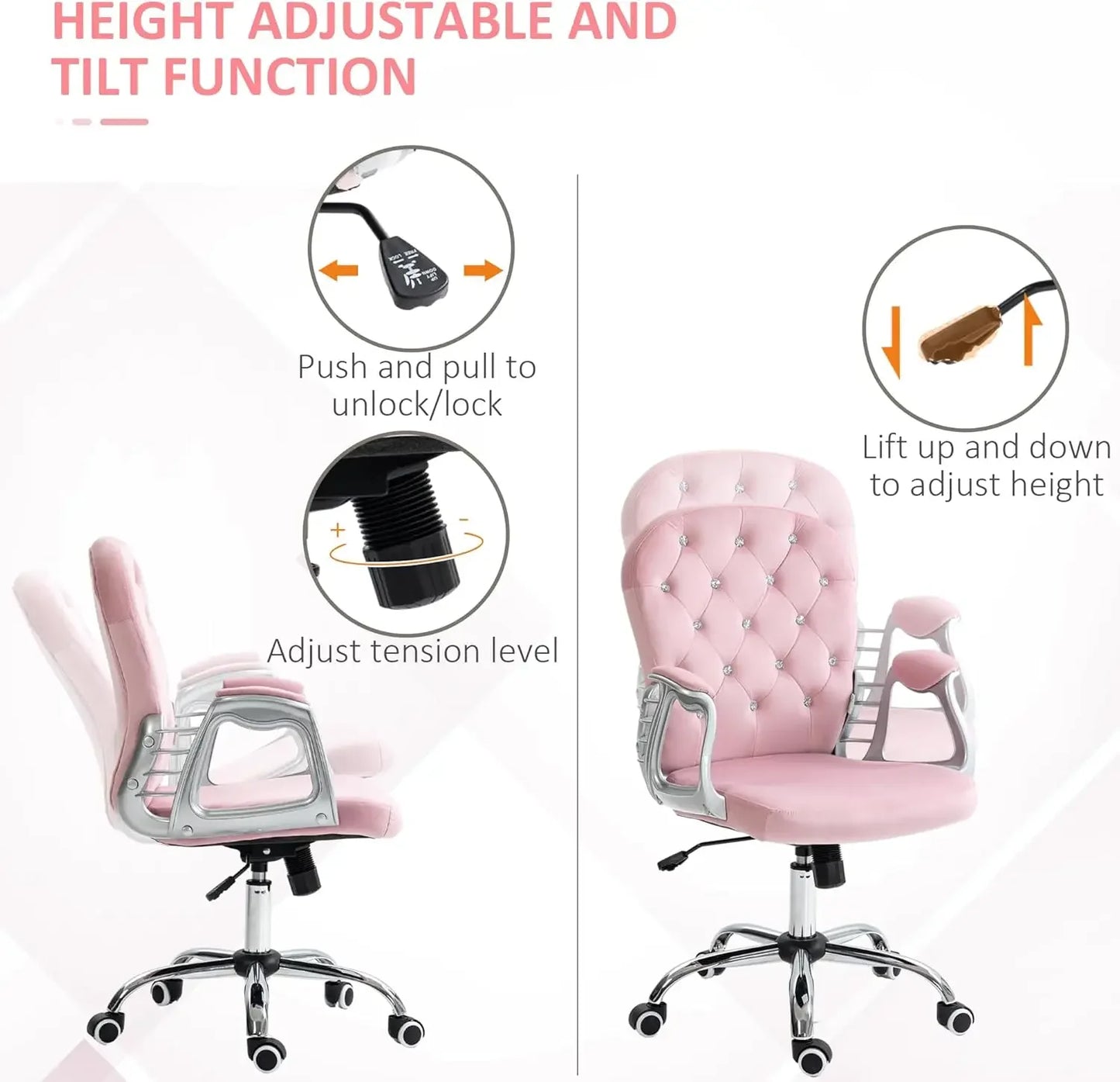 Velvet Home Office Chair, Button Tufted Desk Chair with Padded Armrests, Adjustable Height and Swivel Wheels, Pink