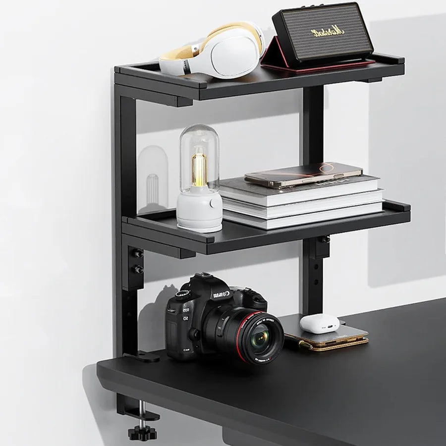 clamp on Desk Shelf 2 Tier Office Desk Shelves Organizer Wood Desktop Supplies Storage Rack Desk Organizers and Accessories Bla