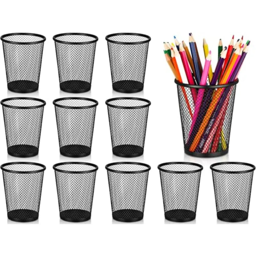 Leelosp 6 Pcs Pen Holder Mesh Pen Cup Bulk Metal Pencil Cup Holder for Desk Black Organizer Round Office Classroom for Back to