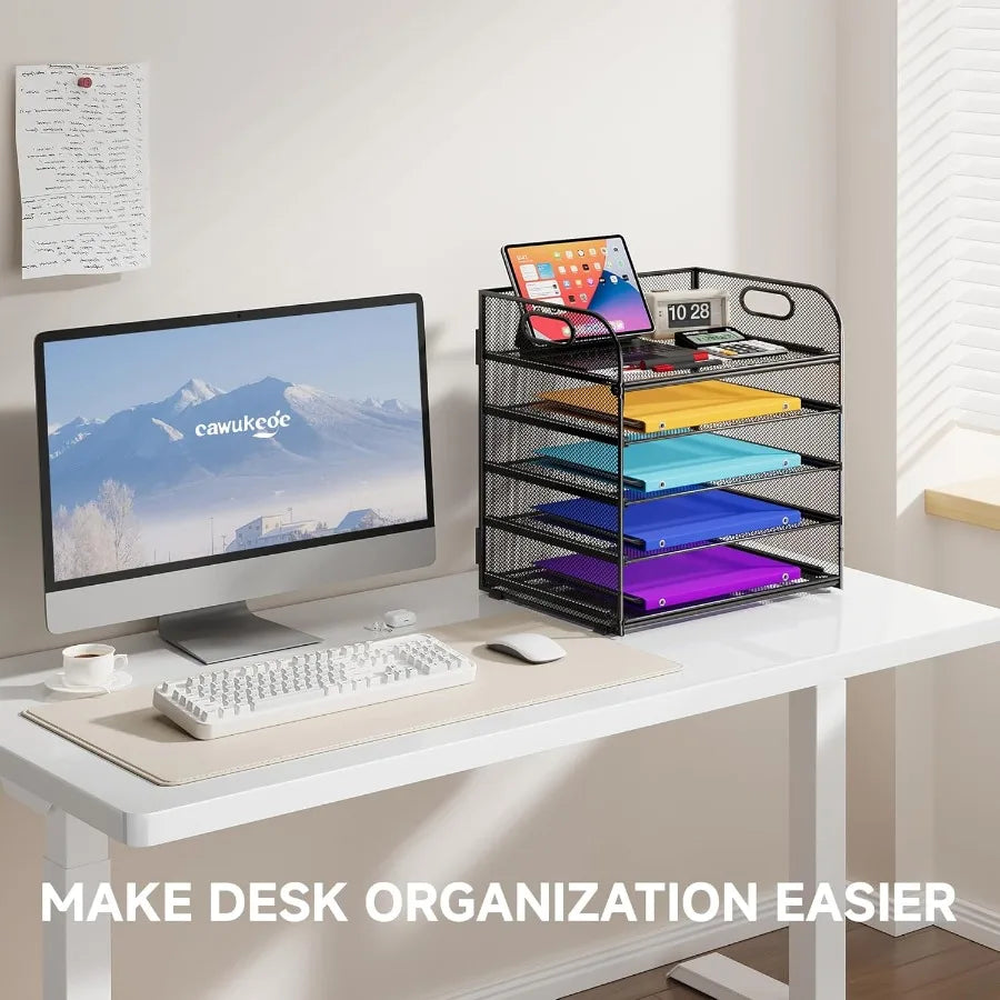 5 Tier Paper Organizer with Handle for Classroom School and Office Use Metal Mesh Desk Organizer with File Folder Storage Lette